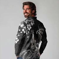 Hawaii Ukulele Long Sleeve Polo Shirt Polynesian Pattern Mix Hibiscus Black Version LT05 - Polynesian Pride