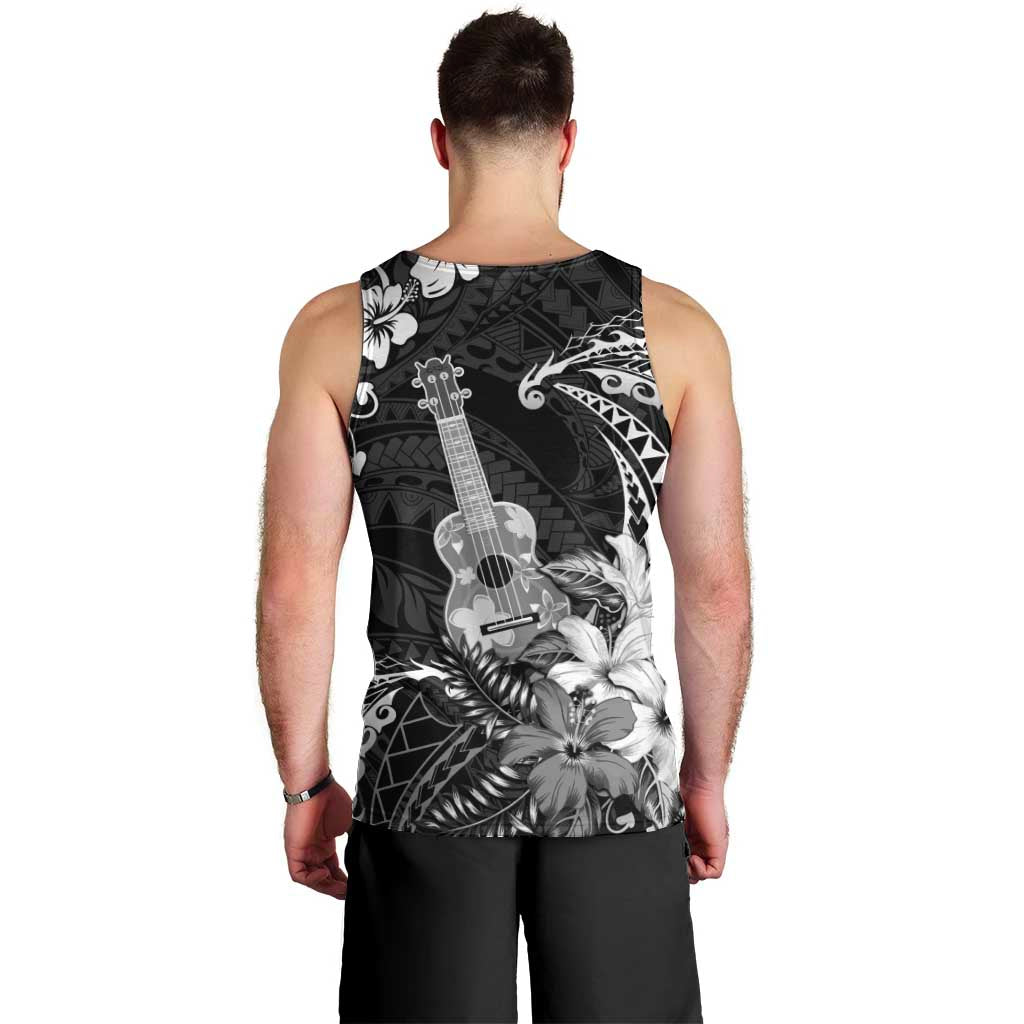 Hawaii Ukulele Men Tank Top Polynesian Pattern Mix Hibiscus Black Version LT05