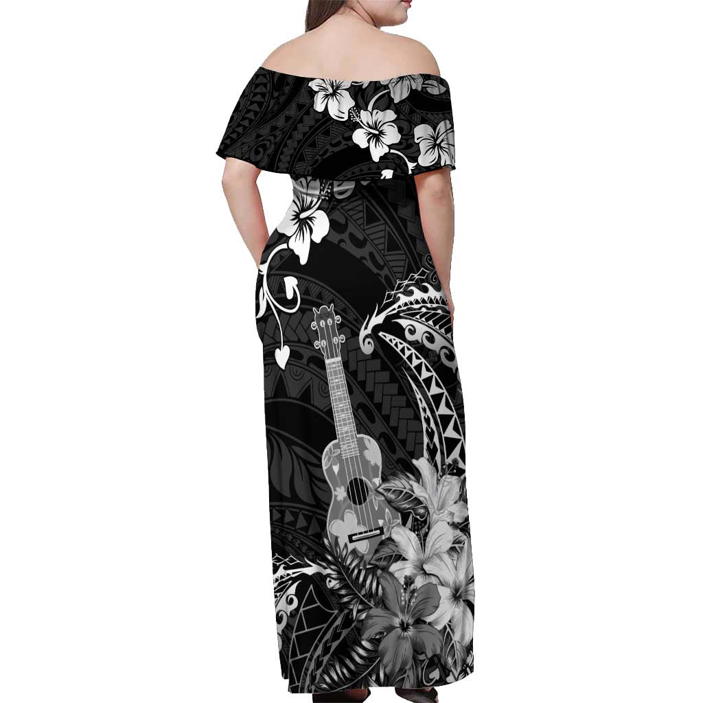 Hawaii Ukulele Off Shoulder Maxi Dress Polynesian Pattern Mix Hibiscus Black Version LT05