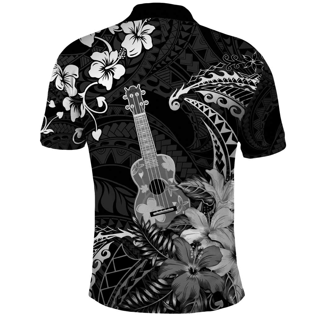 Hawaii Ukulele Polo Shirt Polynesian Pattern Mix Hibiscus Black Version LT05