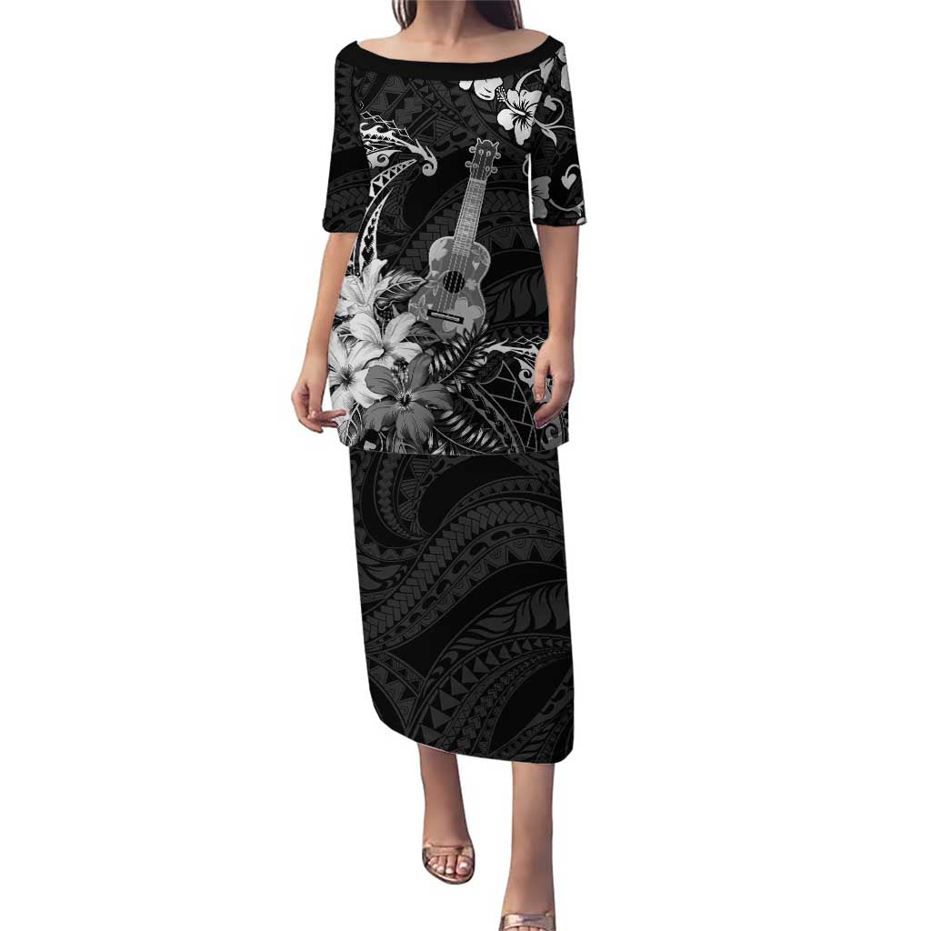 Hawaii Ukulele Puletasi Polynesian Pattern Mix Hibiscus Black Version LT05 Long Dress Black - Polynesian Pride