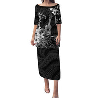 Hawaii Ukulele Puletasi Polynesian Pattern Mix Hibiscus Black Version LT05 Long Dress Black - Polynesian Pride