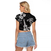 Hawaii Ukulele Raglan Cropped T Shirt Polynesian Pattern Mix Hibiscus Black Version LT05 - Polynesian Pride