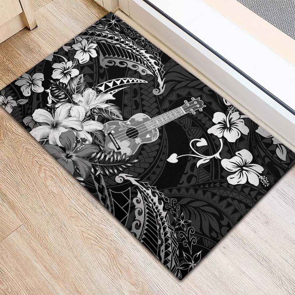 Hawaii Ukulele Rubber Doormat Polynesian Pattern Mix Hibiscus Black Version LT05 - Polynesian Pride