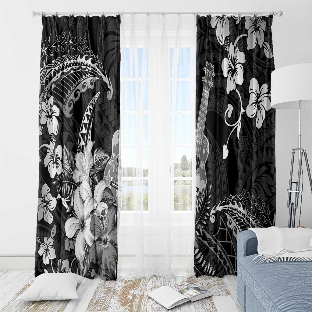 Hawaii Ukulele Window Curtain Polynesian Pattern Mix Hibiscus Black Version