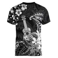 Hawaii Ukulele Women V-Neck T-Shirt Polynesian Pattern Mix Hibiscus Black Version LT05 - Polynesian Pride