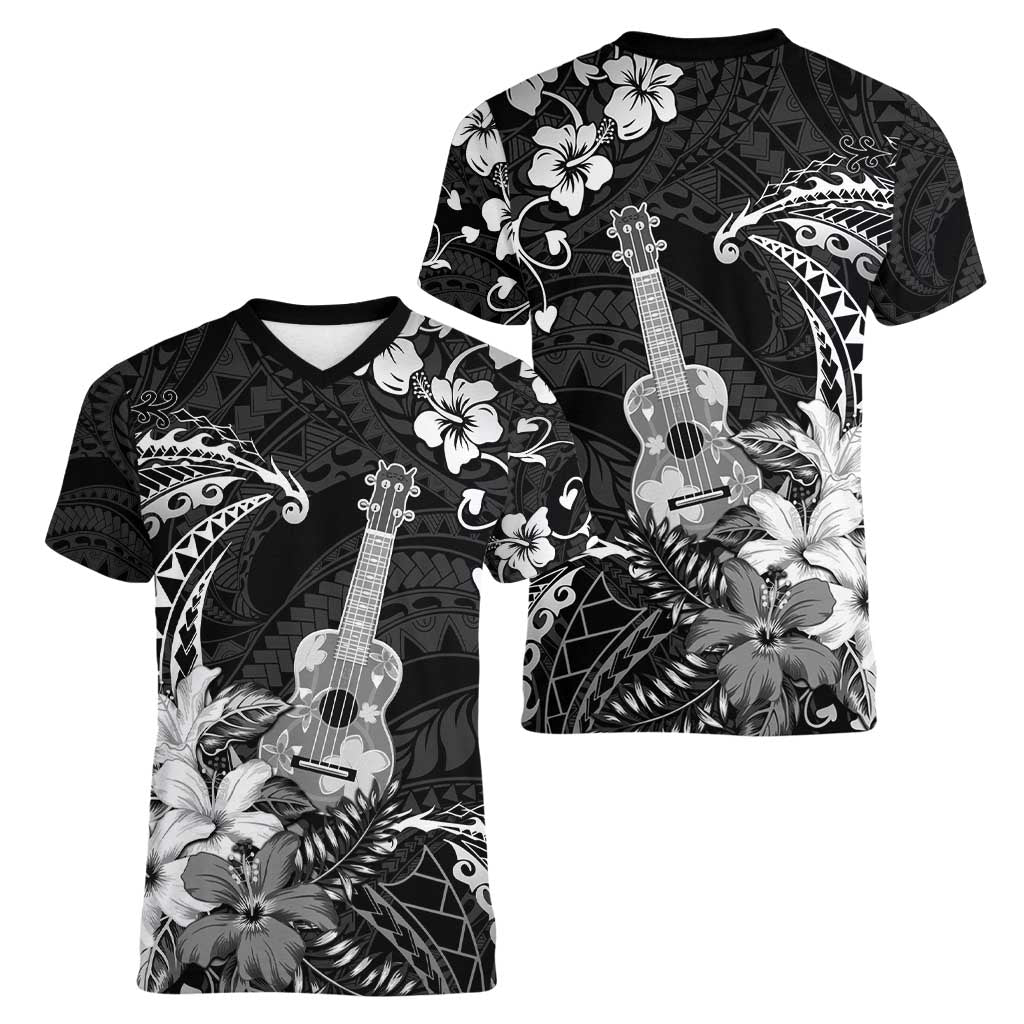 Hawaii Ukulele Women V-Neck T-Shirt Polynesian Pattern Mix Hibiscus Black Version LT05 - Polynesian Pride