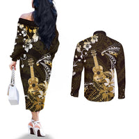 Hawaii Ukulele Couples Matching Off The Shoulder Long Sleeve Dress and Long Sleeve Button Shirt Polynesian Pattern Mix Hibiscus Gold Version LT05