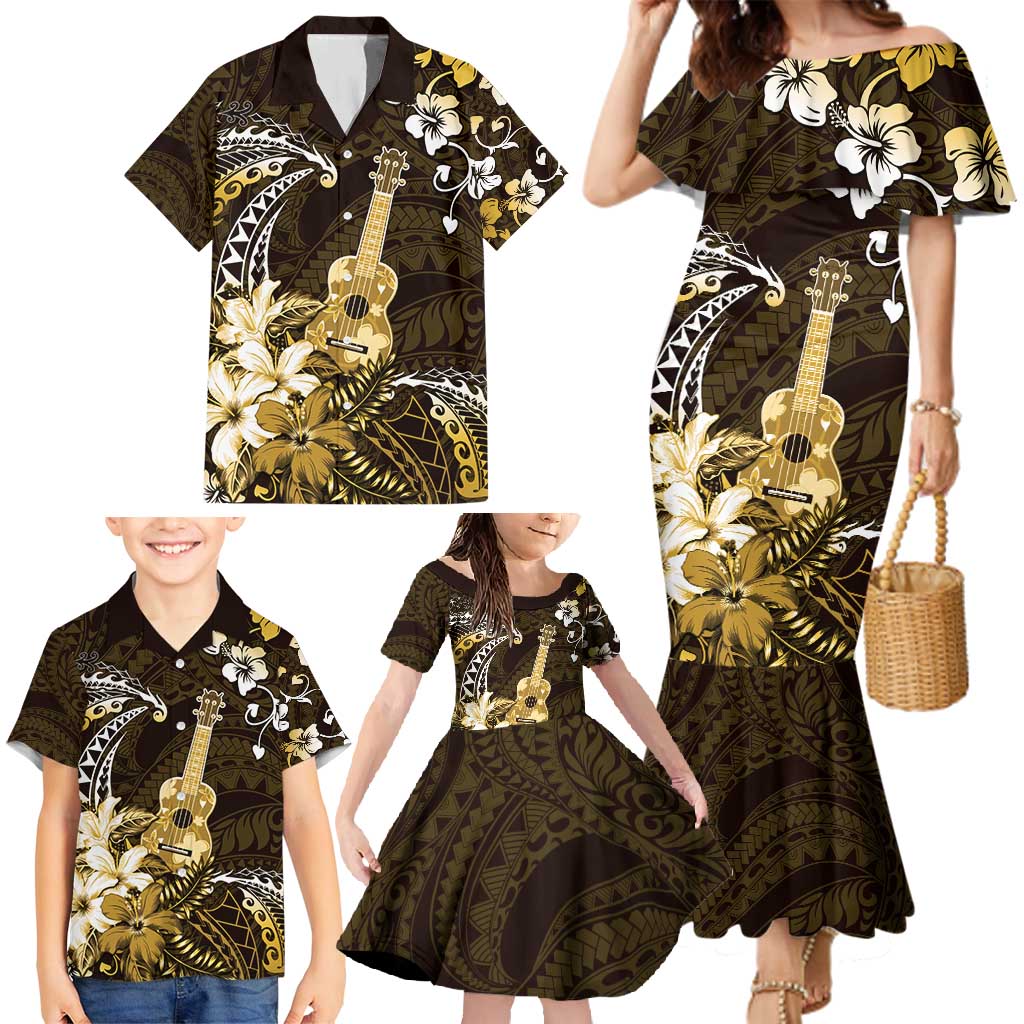 Hawaii Ukulele Family Matching Mermaid Dress and Hawaiian Shirt Polynesian Pattern Mix Hibiscus Gold Version LT05 - Polynesian Pride