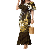 Hawaii Ukulele Family Matching Mermaid Dress and Hawaiian Shirt Polynesian Pattern Mix Hibiscus Gold Version LT05 Mom's Dress Gold - Polynesian Pride
