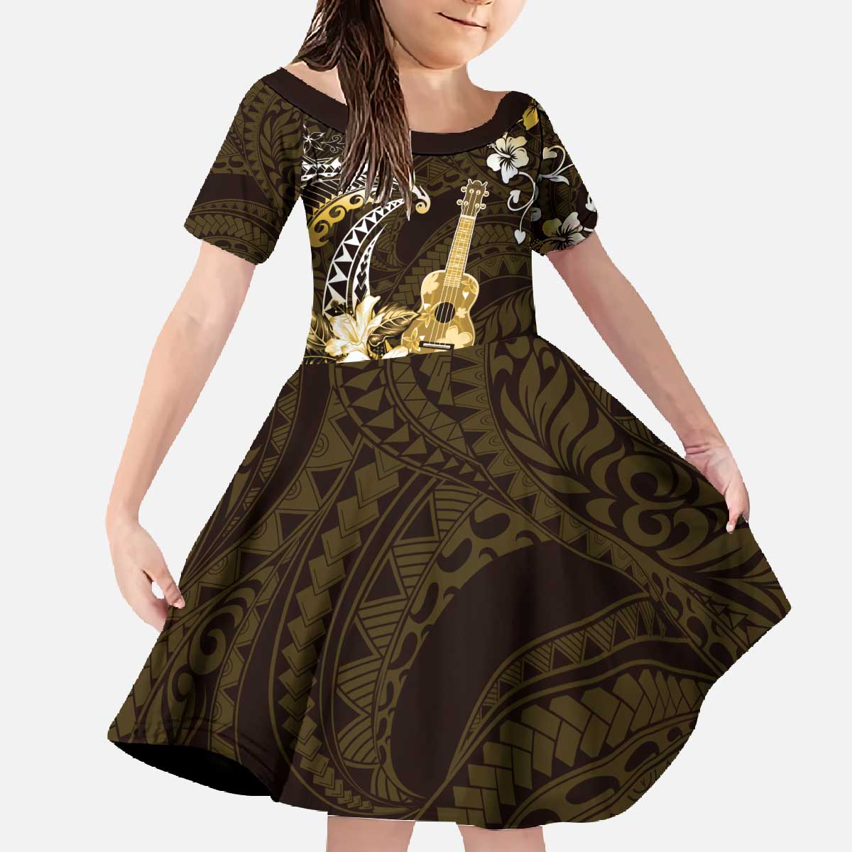 Hawaii Ukulele Family Matching Off The Shoulder Long Sleeve Dress and Hawaiian Shirt Polynesian Pattern Mix Hibiscus Gold Version LT05