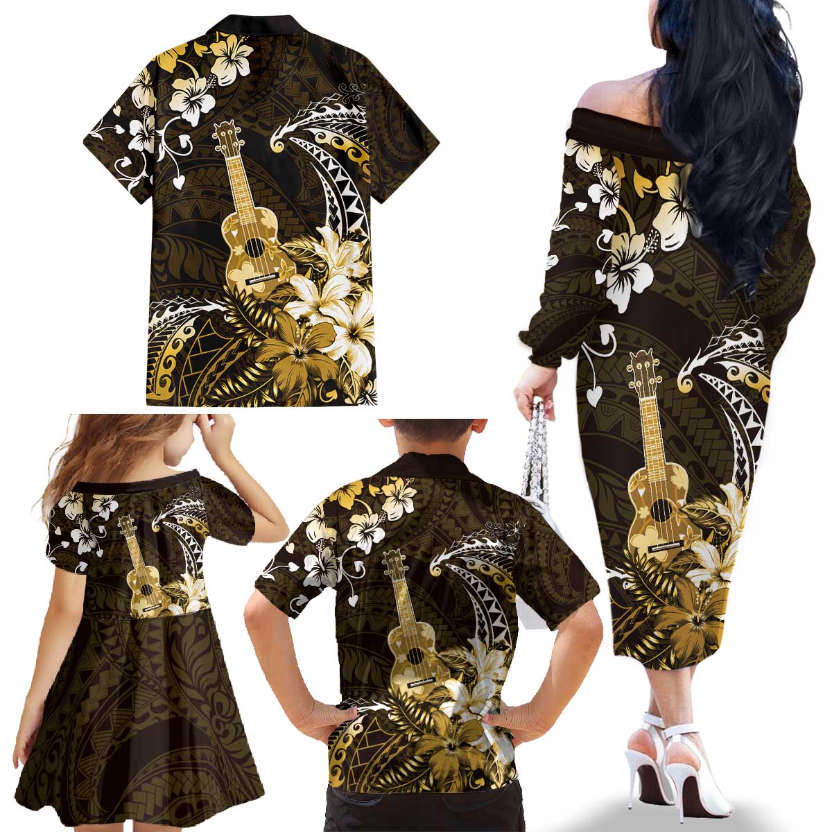 Hawaii Ukulele Family Matching Off The Shoulder Long Sleeve Dress and Hawaiian Shirt Polynesian Pattern Mix Hibiscus Gold Version LT05