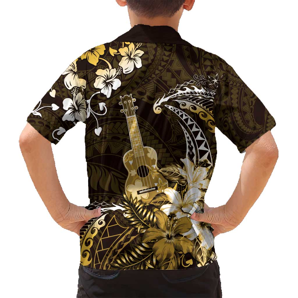 Hawaii Ukulele Family Matching Off Shoulder Maxi Dress and Hawaiian Shirt Polynesian Pattern Mix Hibiscus Gold Version LT05 - Polynesian Pride