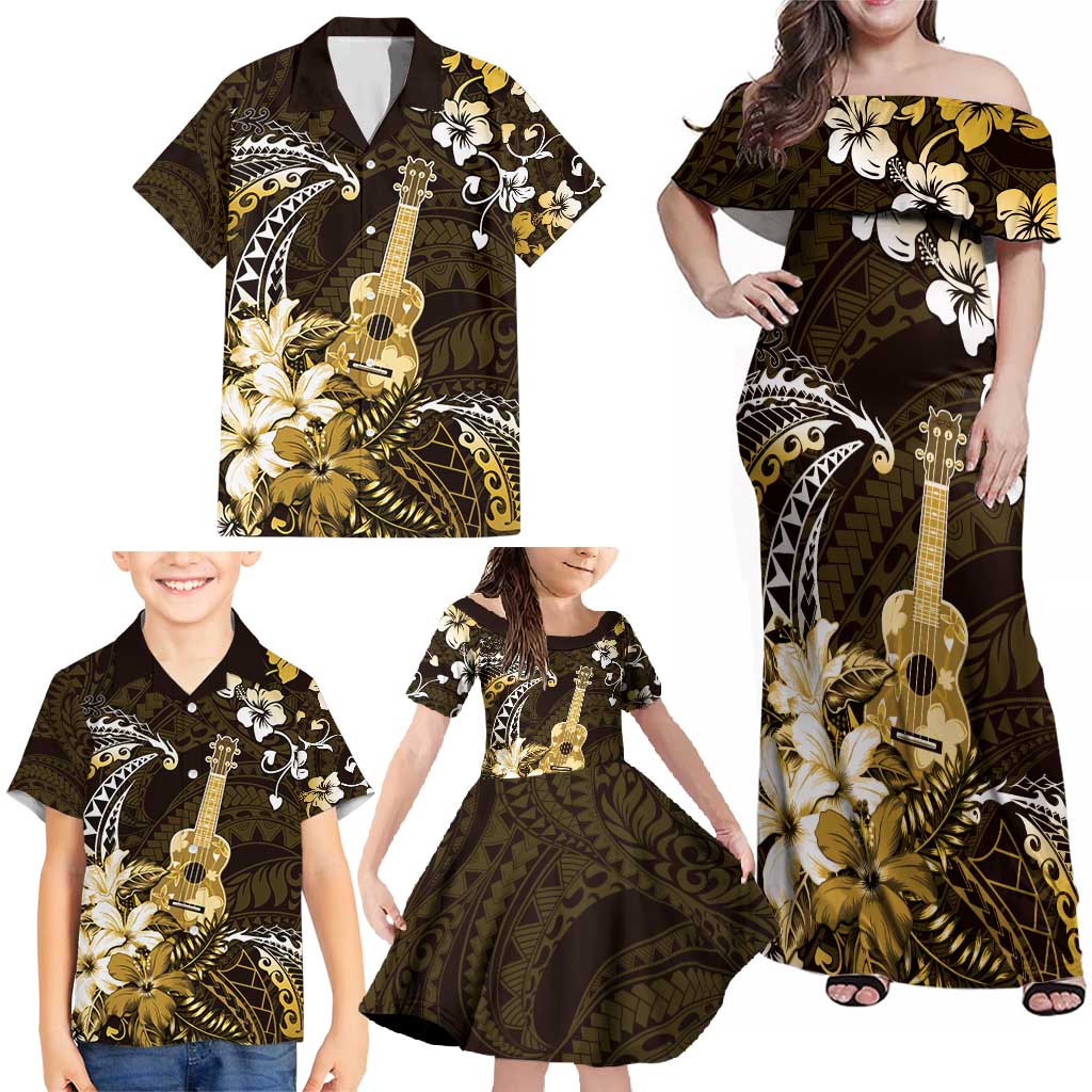 Hawaii Ukulele Family Matching Off Shoulder Maxi Dress and Hawaiian Shirt Polynesian Pattern Mix Hibiscus Gold Version LT05 - Polynesian Pride