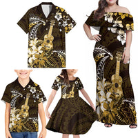 Hawaii Ukulele Family Matching Off Shoulder Maxi Dress and Hawaiian Shirt Polynesian Pattern Mix Hibiscus Gold Version LT05 - Polynesian Pride