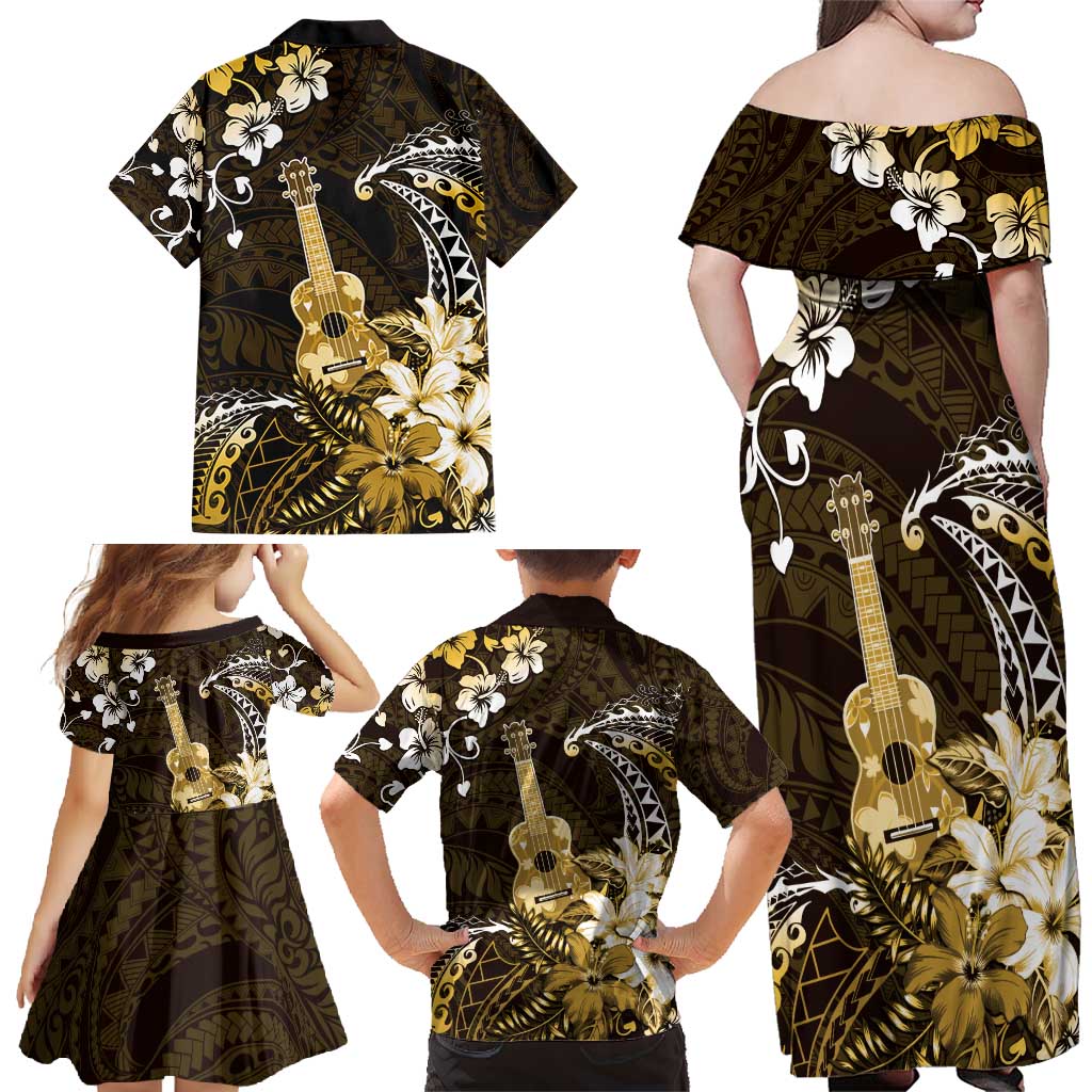 Hawaii Ukulele Family Matching Off Shoulder Maxi Dress and Hawaiian Shirt Polynesian Pattern Mix Hibiscus Gold Version LT05 - Polynesian Pride
