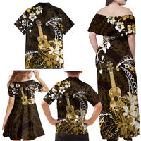 Hawaii Ukulele Family Matching Off Shoulder Maxi Dress and Hawaiian Shirt Polynesian Pattern Mix Hibiscus Gold Version LT05 - Polynesian Pride