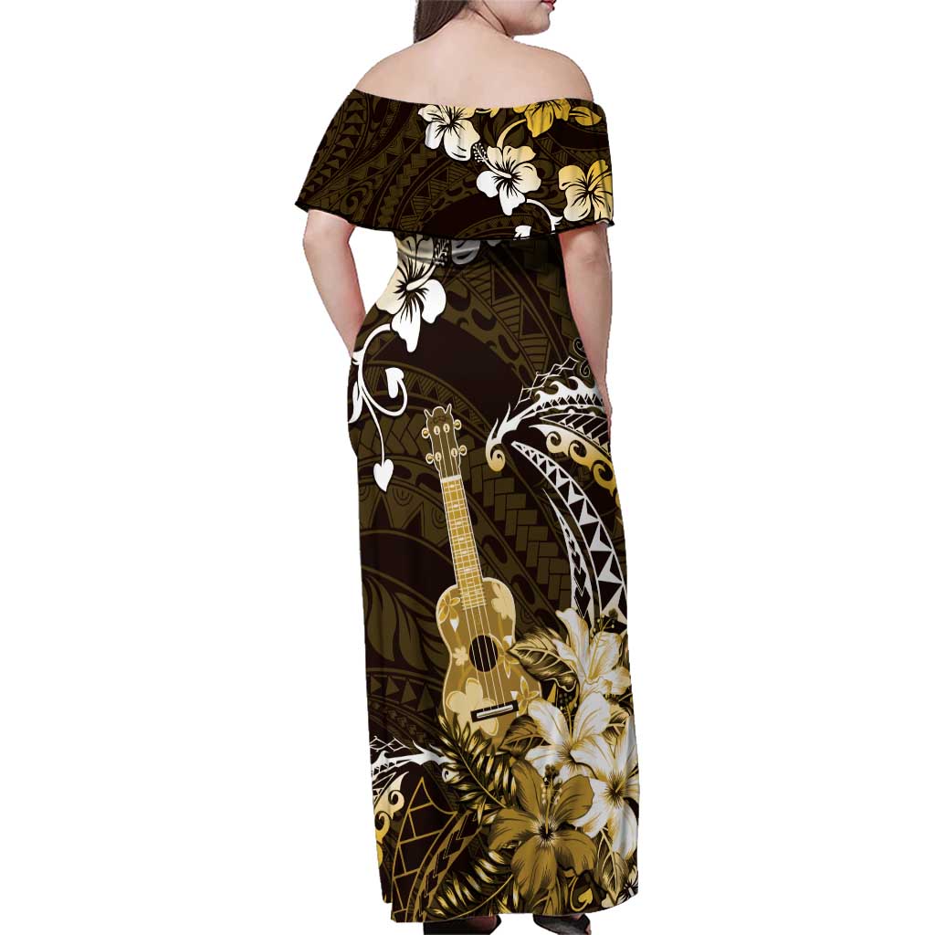 Hawaii Ukulele Family Matching Off Shoulder Maxi Dress and Hawaiian Shirt Polynesian Pattern Mix Hibiscus Gold Version LT05 - Polynesian Pride