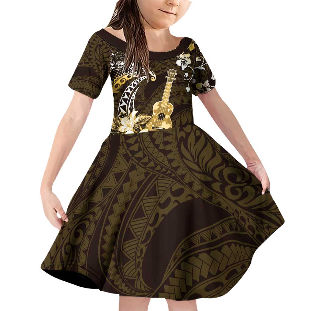 Hawaii Ukulele Family Matching Off Shoulder Short Dress and Hawaiian Shirt Polynesian Pattern Mix Hibiscus Gold Version LT05 Daughter's Dress Gold - Polynesian Pride