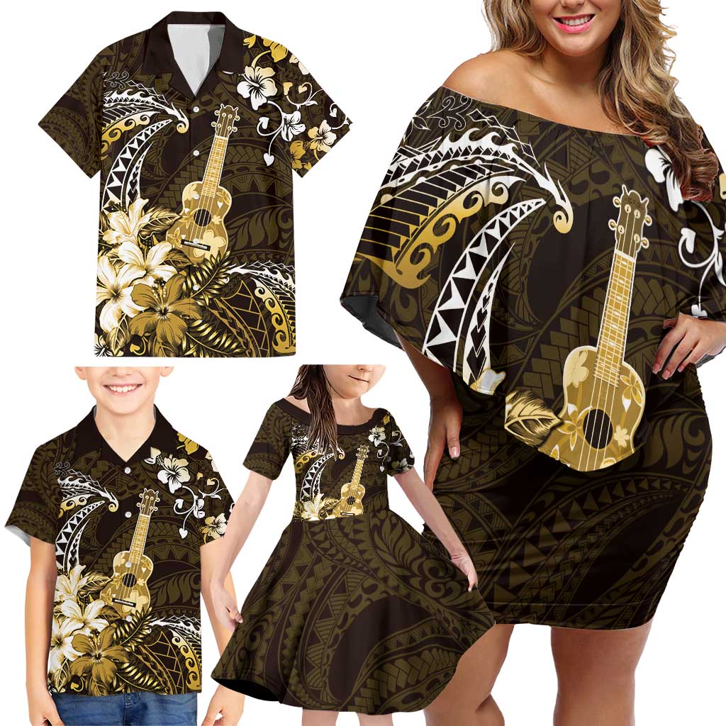 Hawaii Ukulele Family Matching Off Shoulder Short Dress and Hawaiian Shirt Polynesian Pattern Mix Hibiscus Gold Version LT05 - Polynesian Pride