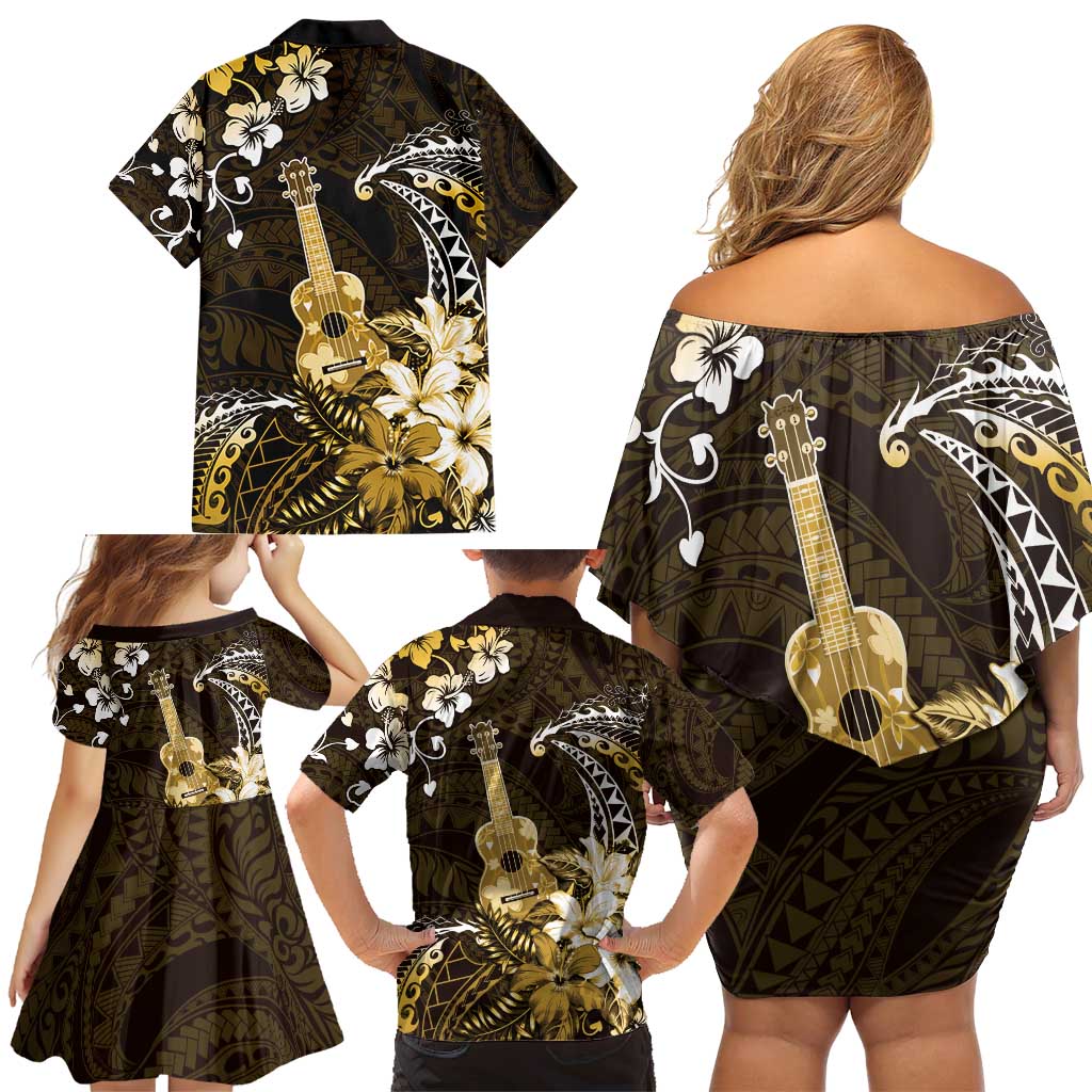 Hawaii Ukulele Family Matching Off Shoulder Short Dress and Hawaiian Shirt Polynesian Pattern Mix Hibiscus Gold Version LT05 - Polynesian Pride