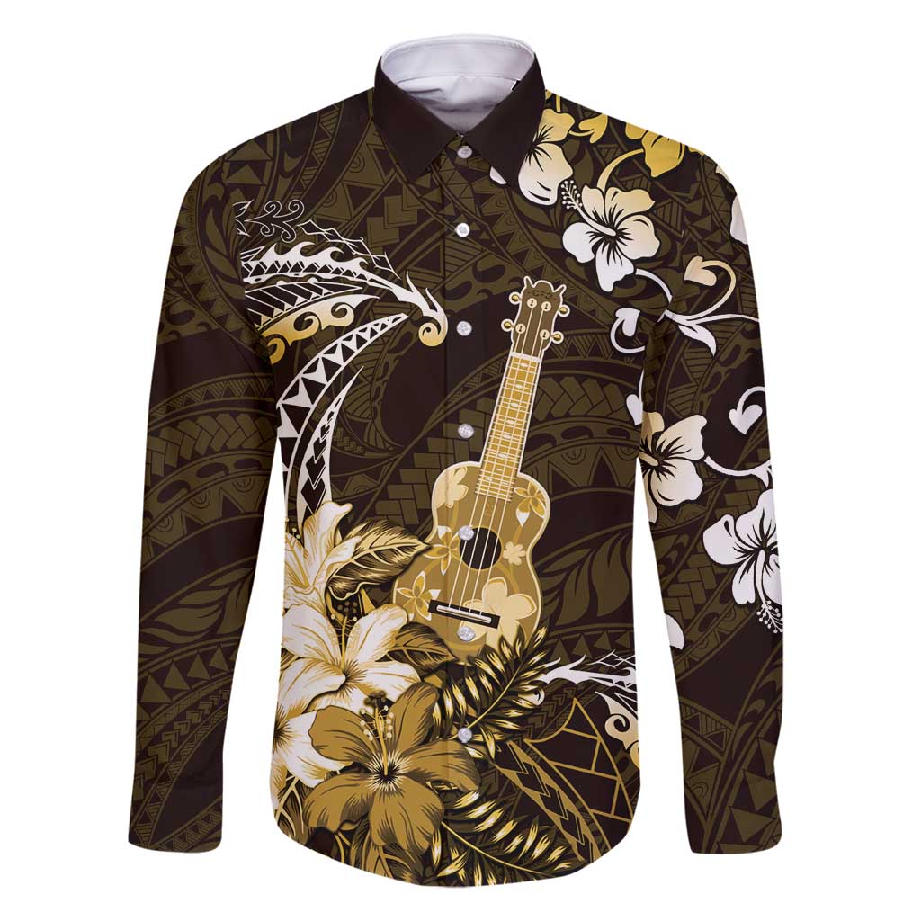 Hawaii Ukulele Family Matching Off Shoulder Short Dress and Hawaiian Shirt Polynesian Pattern Mix Hibiscus Gold Version LT05 Dad's Shirt - Long Sleeve Gold - Polynesian Pride