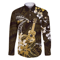 Hawaii Ukulele Family Matching Off Shoulder Short Dress and Hawaiian Shirt Polynesian Pattern Mix Hibiscus Gold Version LT05 Dad's Shirt - Long Sleeve Gold - Polynesian Pride