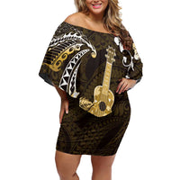 Hawaii Ukulele Family Matching Off Shoulder Short Dress and Hawaiian Shirt Polynesian Pattern Mix Hibiscus Gold Version LT05 Mom's Dress Gold - Polynesian Pride