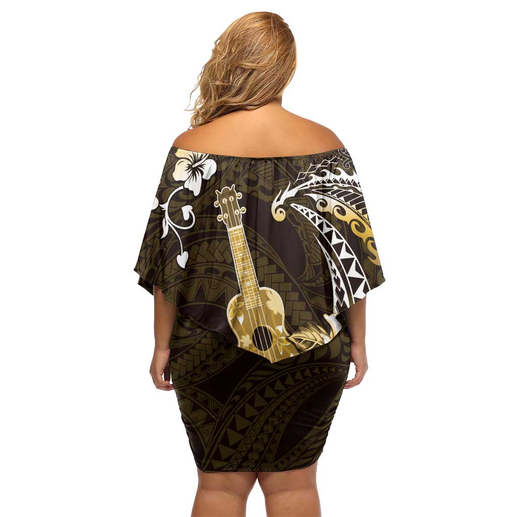 Hawaii Ukulele Family Matching Off Shoulder Short Dress and Hawaiian Shirt Polynesian Pattern Mix Hibiscus Gold Version LT05 - Polynesian Pride