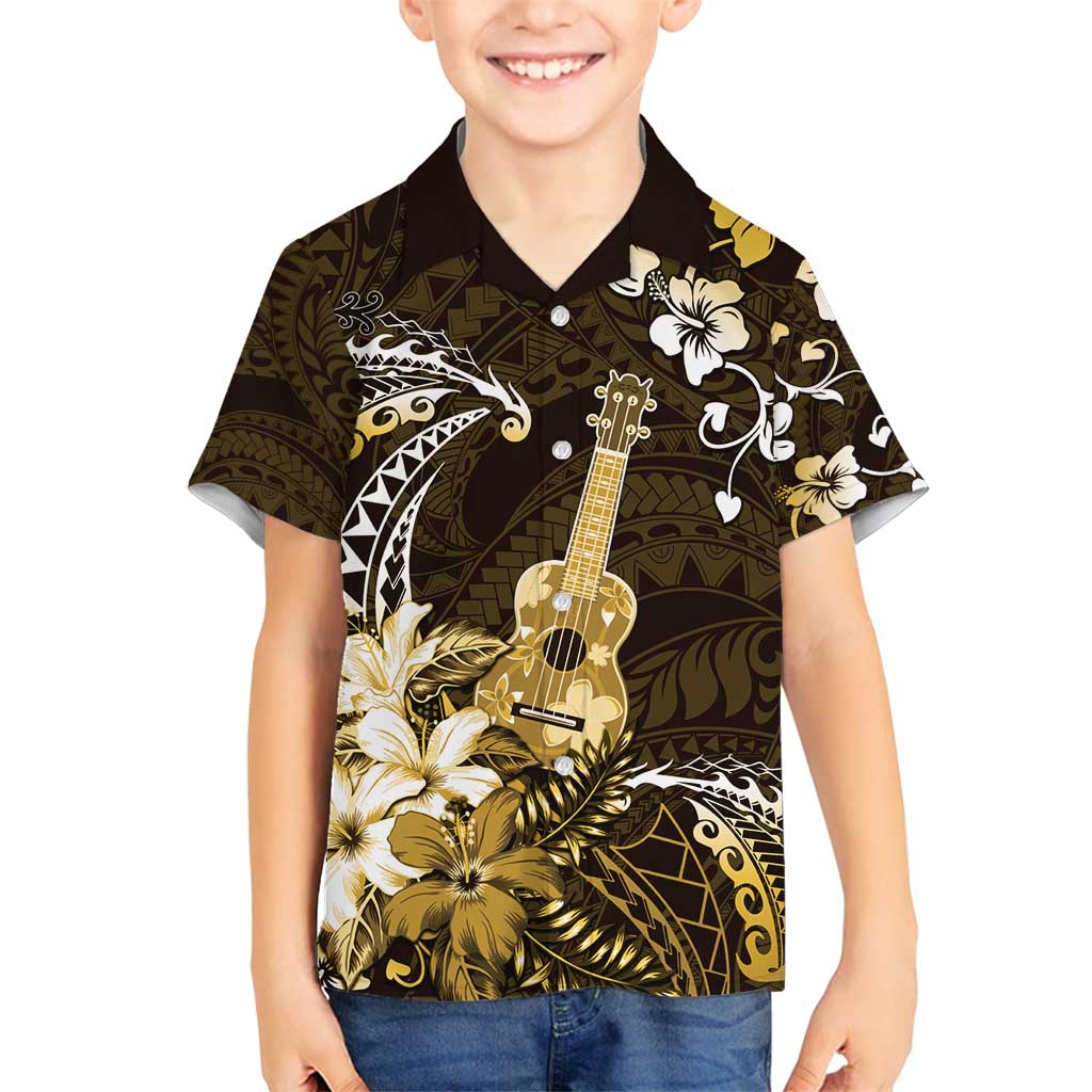 Hawaii Ukulele Family Matching Off Shoulder Short Dress and Hawaiian Shirt Polynesian Pattern Mix Hibiscus Gold Version LT05 Son's Shirt Gold - Polynesian Pride