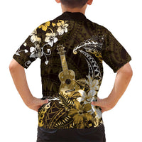 Hawaii Ukulele Family Matching Short Sleeve Bodycon Dress and Hawaiian Shirt Polynesian Pattern Mix Hibiscus Gold Version LT05 - Polynesian Pride