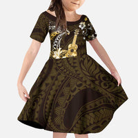 Hawaii Ukulele Family Matching Short Sleeve Bodycon Dress and Hawaiian Shirt Polynesian Pattern Mix Hibiscus Gold Version LT05 Daughter's Dress Gold - Polynesian Pride