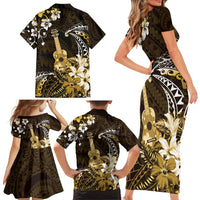 Hawaii Ukulele Family Matching Short Sleeve Bodycon Dress and Hawaiian Shirt Polynesian Pattern Mix Hibiscus Gold Version LT05 - Polynesian Pride