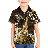 Hawaii Ukulele Family Matching Short Sleeve Bodycon Dress and Hawaiian Shirt Polynesian Pattern Mix Hibiscus Gold Version LT05 Son's Shirt Gold - Polynesian Pride