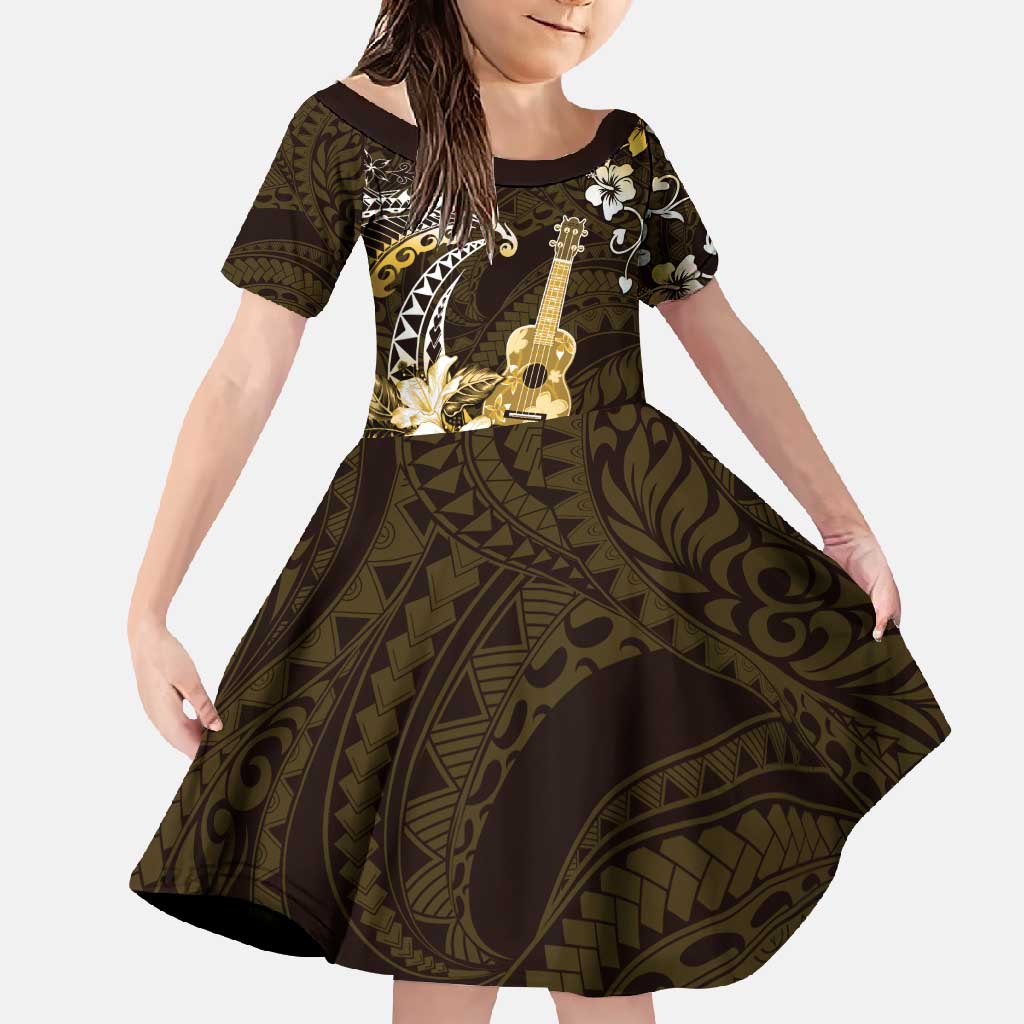 Hawaii Ukulele Family Matching Summer Maxi Dress and Hawaiian Shirt Polynesian Pattern Mix Hibiscus Gold Version LT05 Daughter's Dress Gold - Polynesian Pride