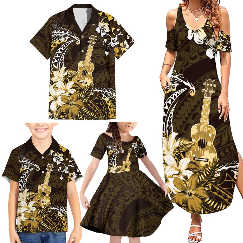 Hawaii Ukulele Family Matching Summer Maxi Dress and Hawaiian Shirt Polynesian Pattern Mix Hibiscus Gold Version LT05 - Polynesian Pride