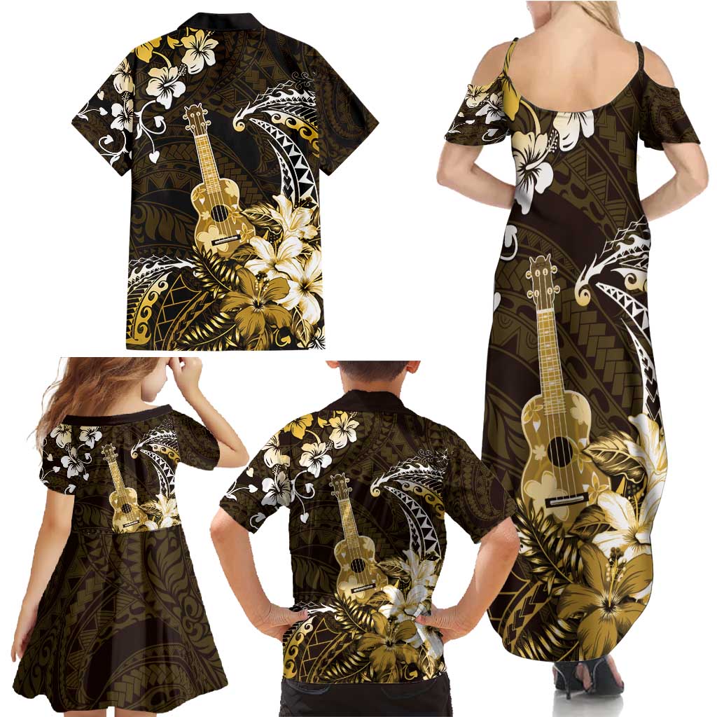 Hawaii Ukulele Family Matching Summer Maxi Dress and Hawaiian Shirt Polynesian Pattern Mix Hibiscus Gold Version LT05 - Polynesian Pride