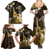 Hawaii Ukulele Family Matching Summer Maxi Dress and Hawaiian Shirt Polynesian Pattern Mix Hibiscus Gold Version LT05 - Polynesian Pride