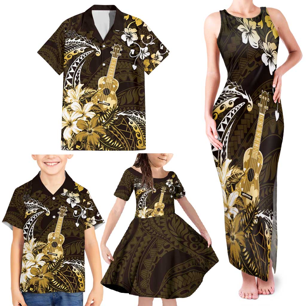 Hawaii Ukulele Family Matching Tank Maxi Dress and Hawaiian Shirt Polynesian Pattern Mix Hibiscus Gold Version LT05 - Polynesian Pride