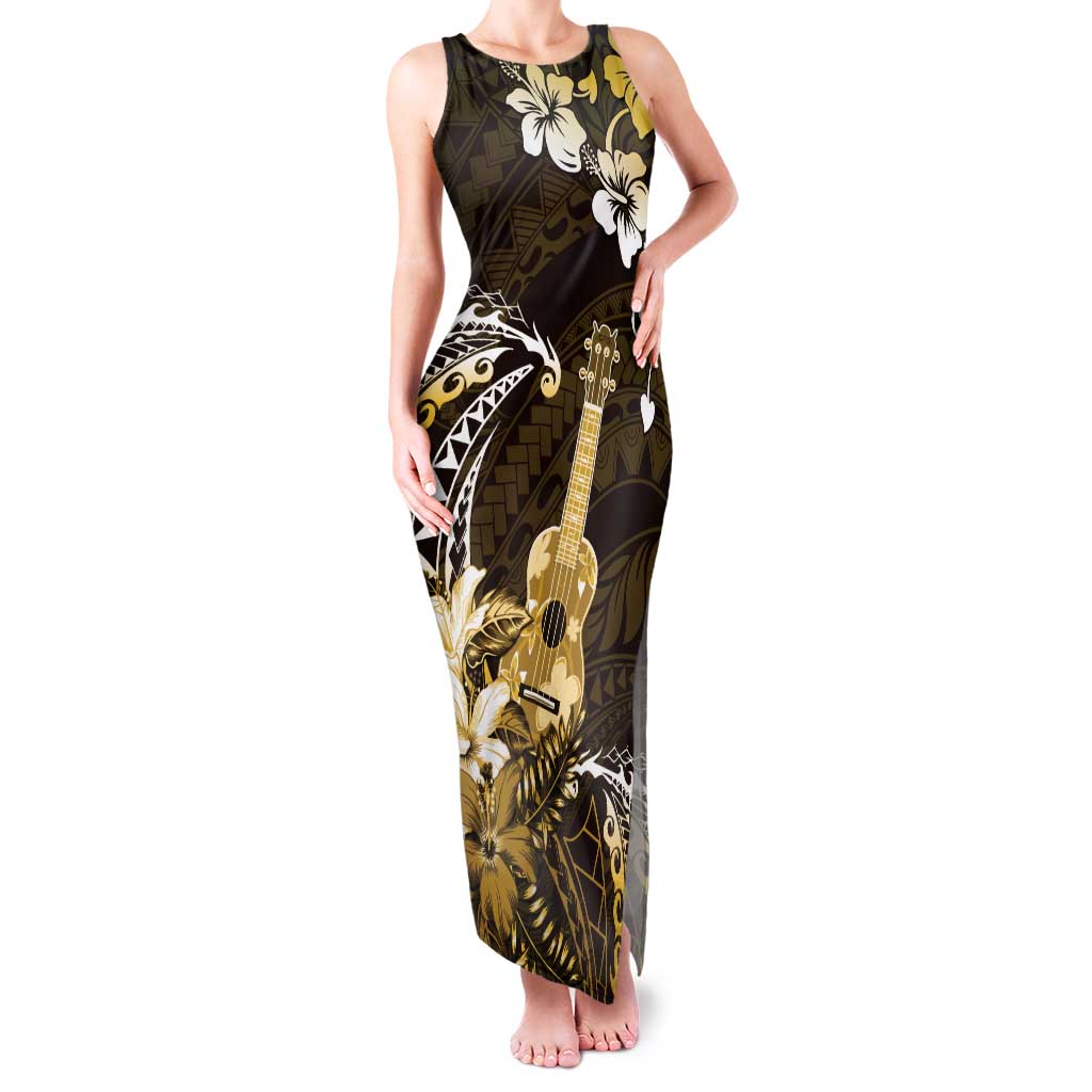 Hawaii Ukulele Family Matching Tank Maxi Dress and Hawaiian Shirt Polynesian Pattern Mix Hibiscus Gold Version LT05 Mom's Dress Gold - Polynesian Pride