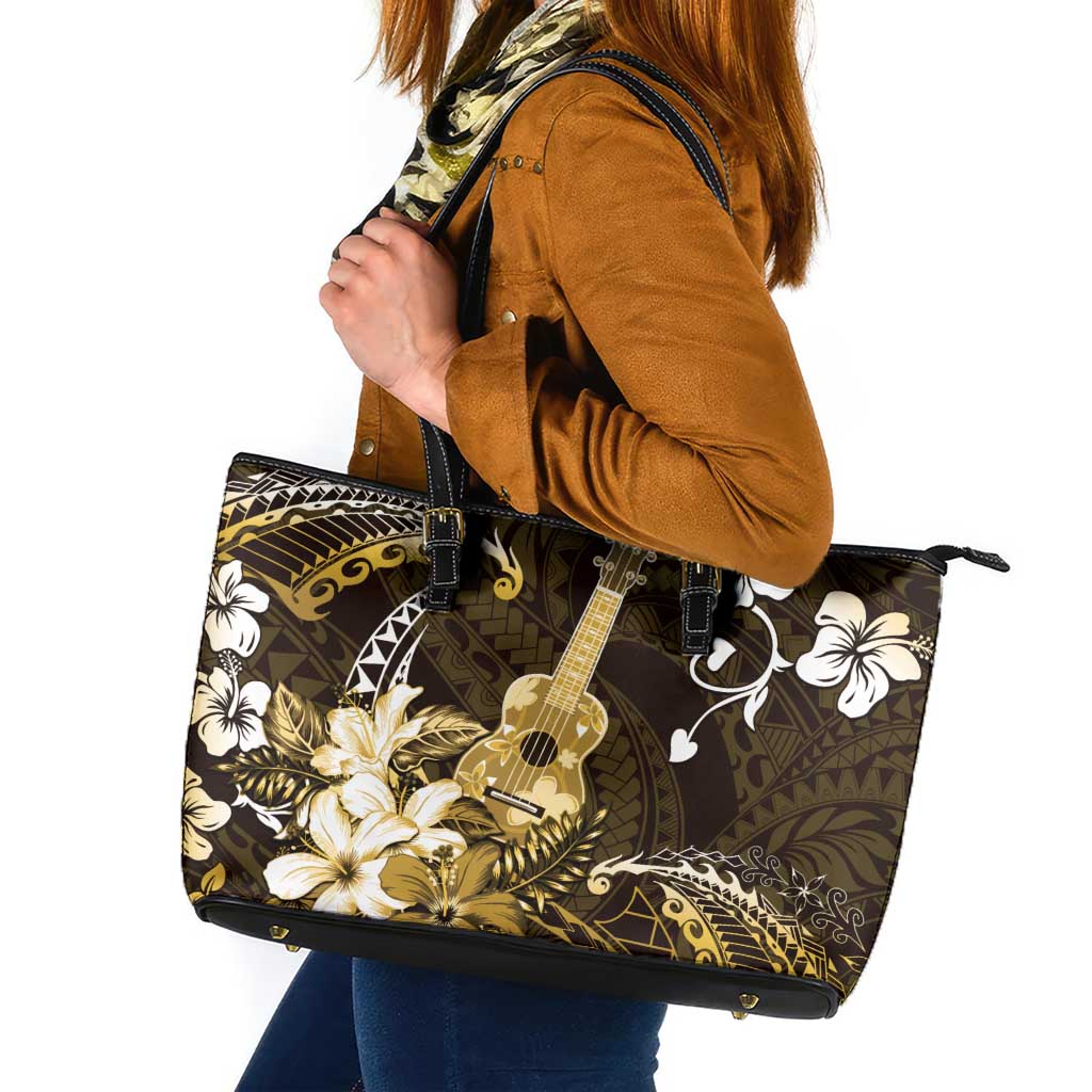 Hawaii Ukulele Leather Tote Bag Polynesian Pattern Mix Hibiscus Gold Version LT05 Gold - Polynesian Pride