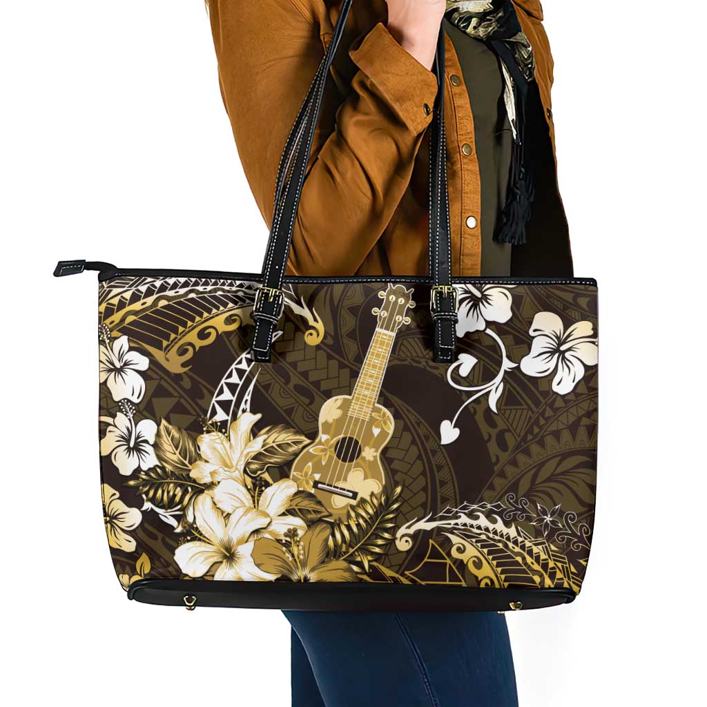 Hawaii Ukulele Leather Tote Bag Polynesian Pattern Mix Hibiscus Gold Version LT05 - Polynesian Pride