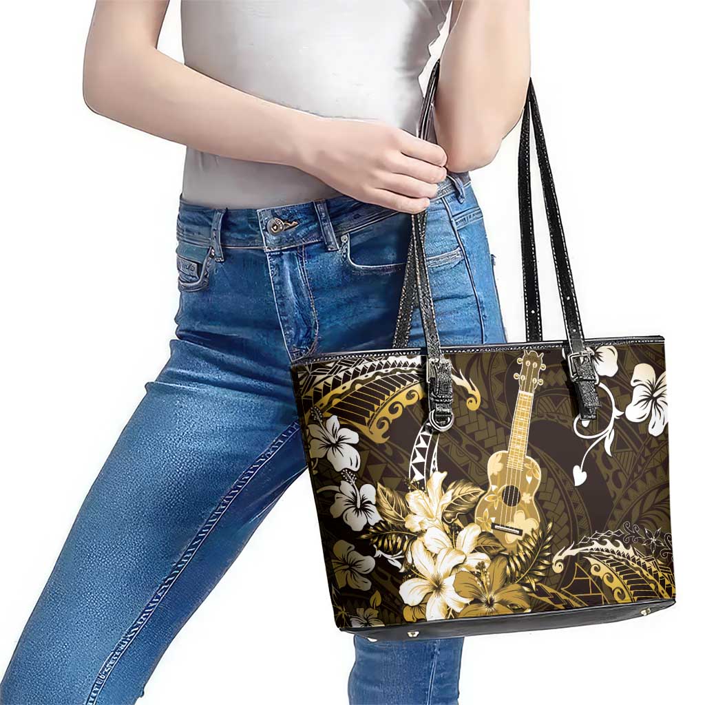 Hawaii Ukulele Leather Tote Bag Polynesian Pattern Mix Hibiscus Gold Version LT05 - Polynesian Pride