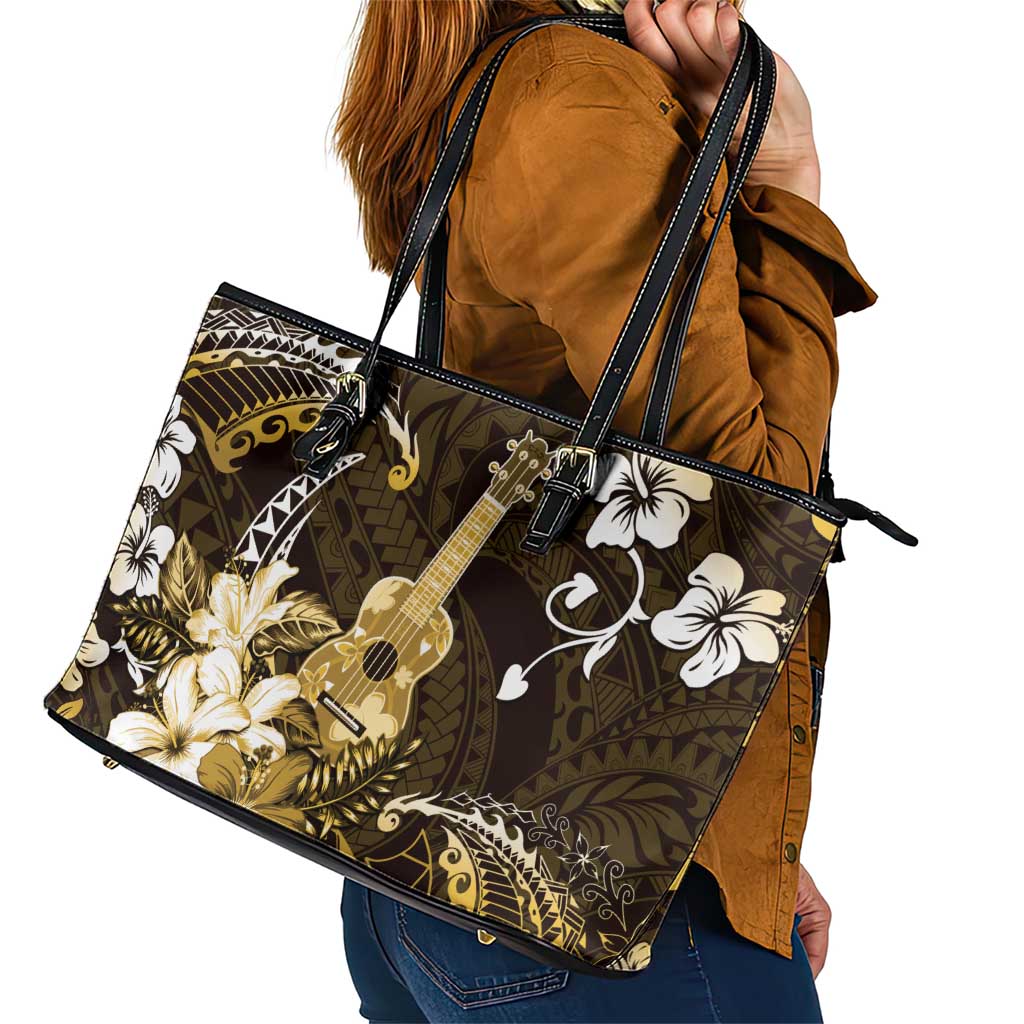 Hawaii Ukulele Leather Tote Bag Polynesian Pattern Mix Hibiscus Gold Version LT05 - Polynesian Pride