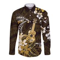 Hawaii Ukulele Long Sleeve Button Shirt Polynesian Pattern Mix Hibiscus Gold Version LT05 Unisex Gold - Polynesian Pride