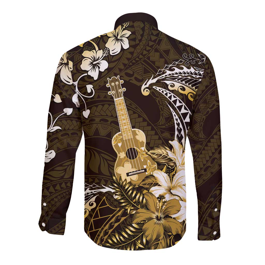 Hawaii Ukulele Long Sleeve Button Shirt Polynesian Pattern Mix Hibiscus Gold Version LT05 - Polynesian Pride