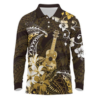 Hawaii Ukulele Long Sleeve Polo Shirt Polynesian Pattern Mix Hibiscus Gold Version LT05 Gold - Polynesian Pride