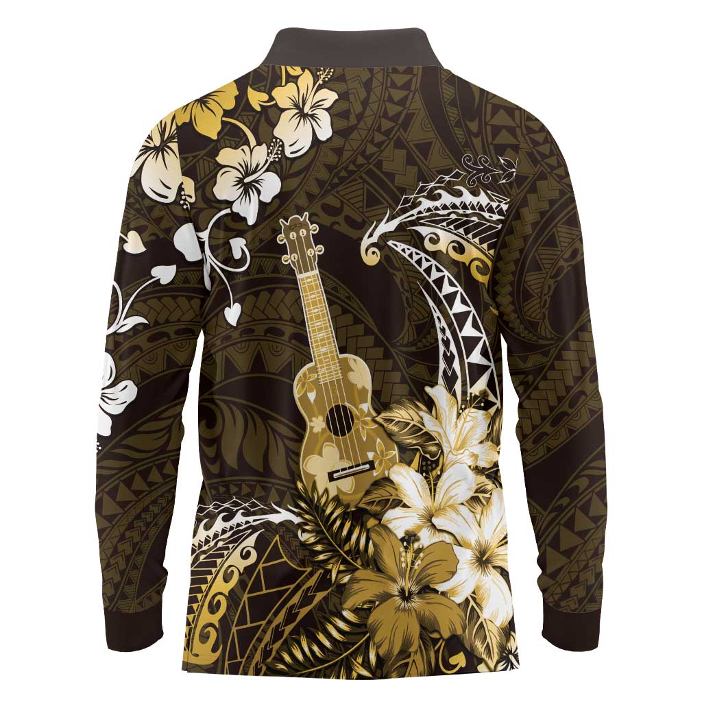 Hawaii Ukulele Long Sleeve Polo Shirt Polynesian Pattern Mix Hibiscus Gold Version LT05 - Polynesian Pride