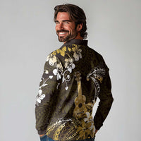 Hawaii Ukulele Long Sleeve Polo Shirt Polynesian Pattern Mix Hibiscus Gold Version LT05 - Polynesian Pride