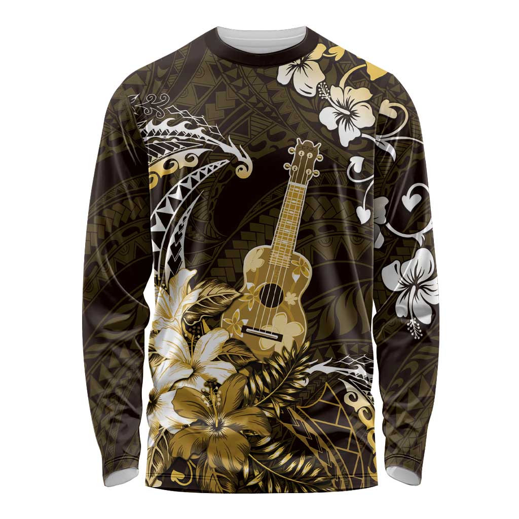 Hawaii Ukulele Long Sleeve Shirt Polynesian Pattern Mix Hibiscus Gold Version LT05 Unisex Gold - Polynesian Pride